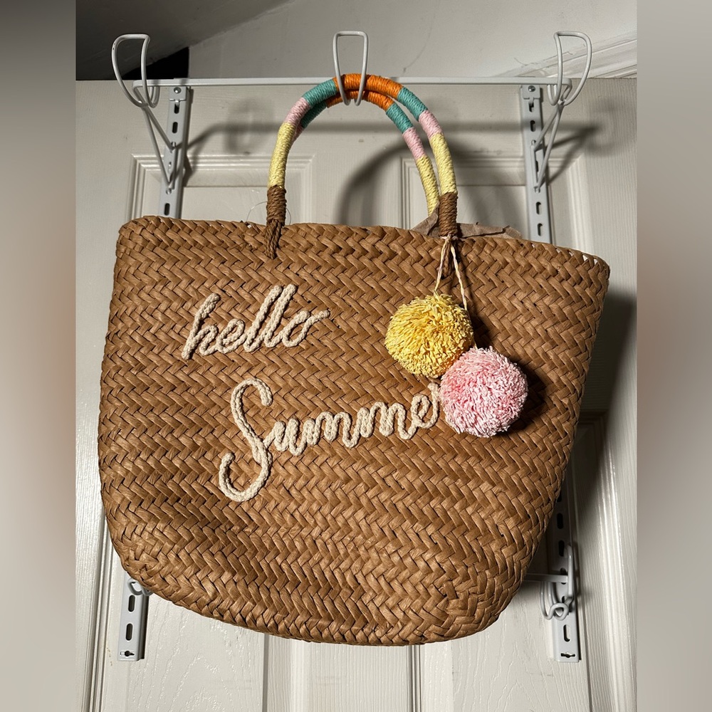 SHEIN Straw Beach Bag with Pom Poms